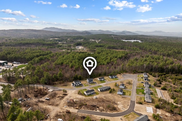 birds eye view of property with a view of trees and a mountain view