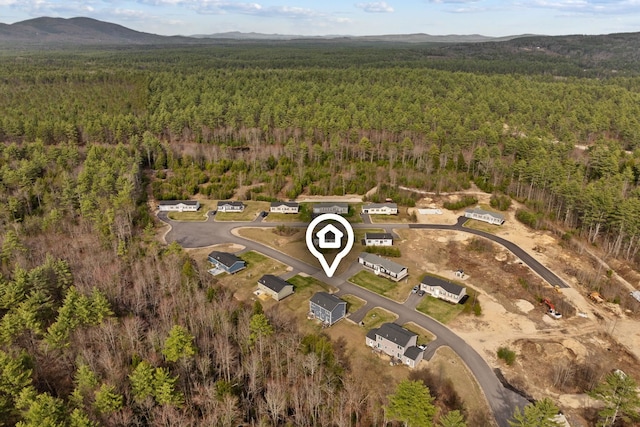 birds eye view of property featuring a view of trees and a mountain view