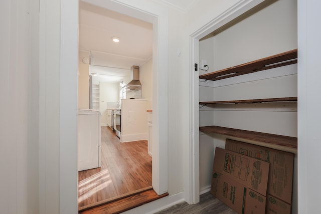 corridor featuring washer / clothes dryer and wood finished floors
