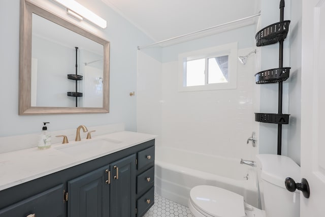 bathroom with toilet, tile patterned floors, tub / shower combination, and vanity