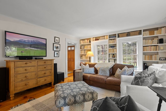 living area with light wood-style floors and built in shelves