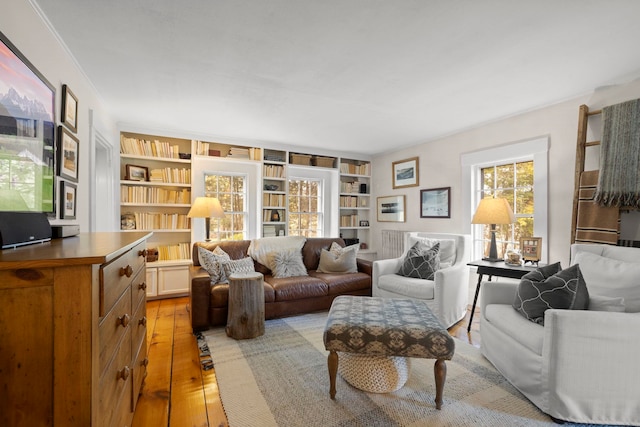 living room with light wood-style floors and built in features
