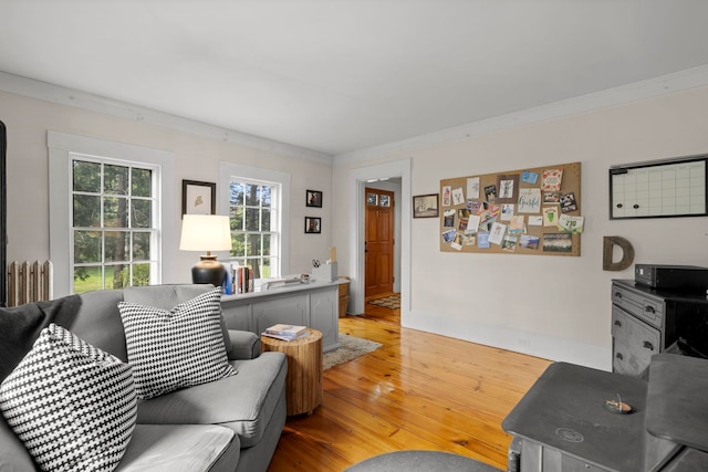 living room with crown molding, light wood-style flooring, and baseboards
