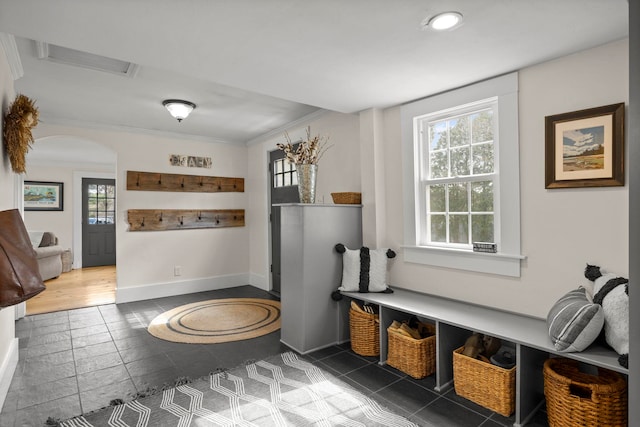 mudroom with baseboards, arched walkways, a healthy amount of sunlight, and visible vents