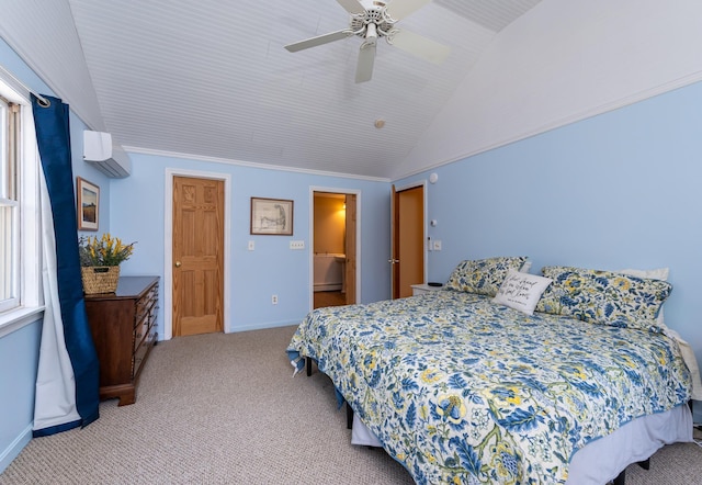 bedroom with ceiling fan, vaulted ceiling, baseboards, an AC wall unit, and carpet