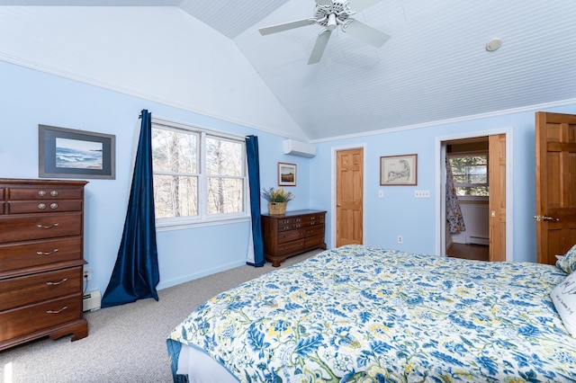 bedroom featuring light carpet, baseboard heating, an AC wall unit, a ceiling fan, and vaulted ceiling
