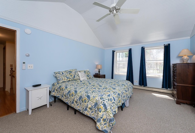 bedroom with carpet flooring, ceiling fan, lofted ceiling, and baseboard heating