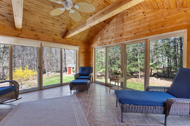 sunroom with ceiling fan and beam ceiling