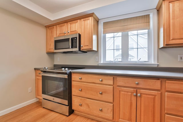 kitchen with dark countertops, appliances with stainless steel finishes, baseboards, and light wood finished floors