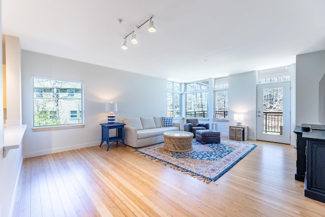 living area with baseboards, light wood finished floors, and track lighting