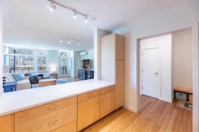 kitchen featuring light countertops, track lighting, light brown cabinets, and light wood-type flooring