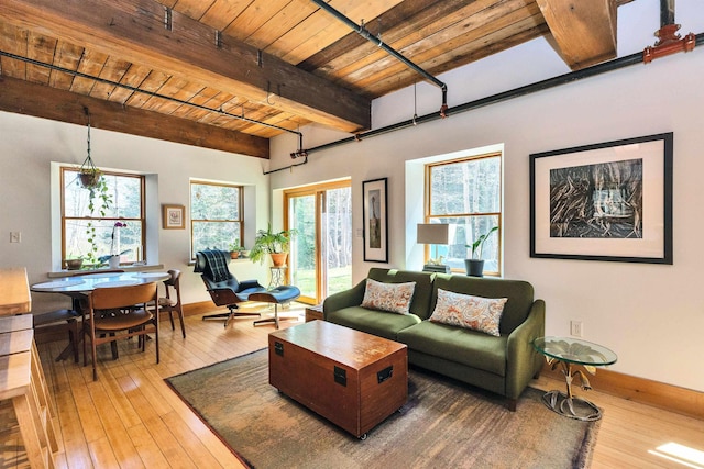 living room with baseboards, beamed ceiling, wood ceiling, and hardwood / wood-style flooring