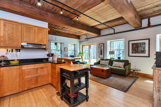 kitchen featuring beamed ceiling, a peninsula, rail lighting, and wood ceiling