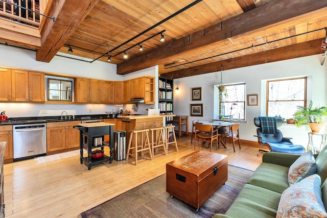 living room featuring wood ceiling, rail lighting, light wood-type flooring, beam ceiling, and baseboards