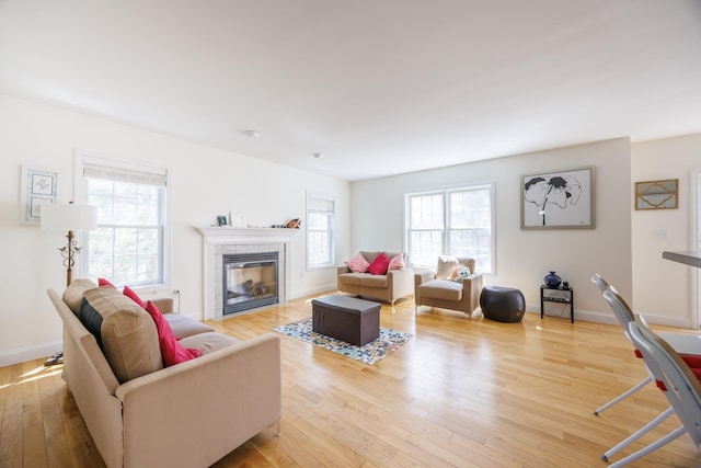 living room with baseboards, wood finished floors, and a fireplace