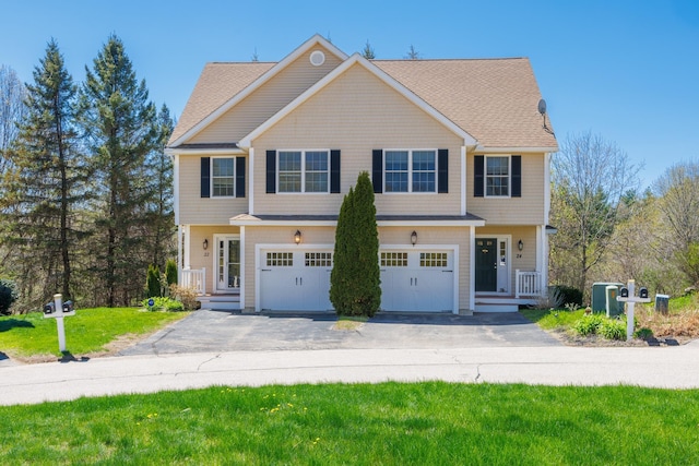 view of front facade featuring a garage, driveway, and roof with shingles