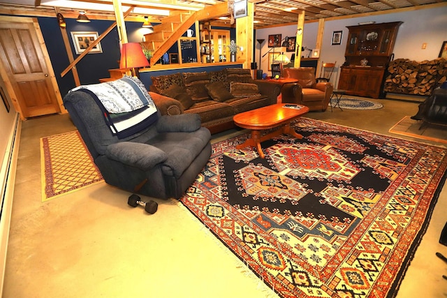living area featuring stairway