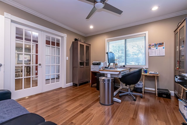 office area with french doors, ceiling fan, and wood finished floors
