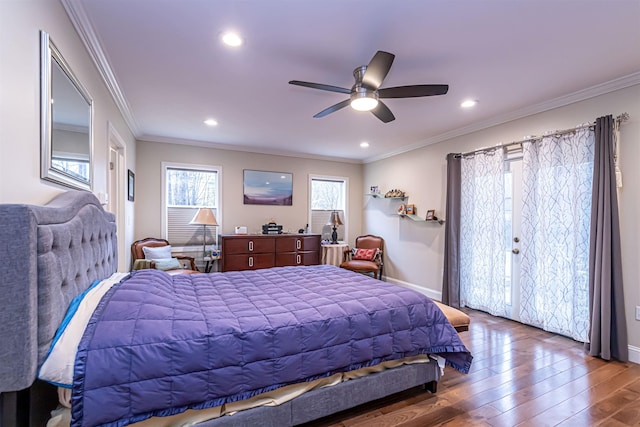 bedroom featuring recessed lighting, ornamental molding, and wood finished floors