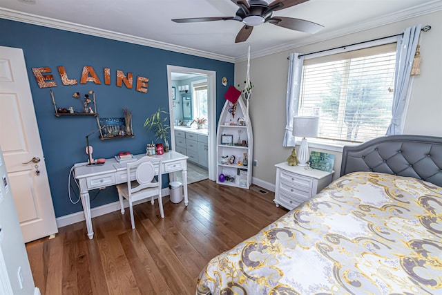 bedroom with visible vents, ornamental molding, wood finished floors, baseboards, and connected bathroom