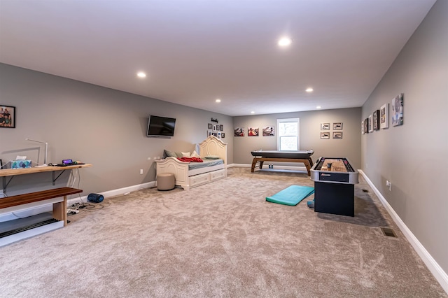 game room featuring recessed lighting, carpet flooring, baseboards, and visible vents