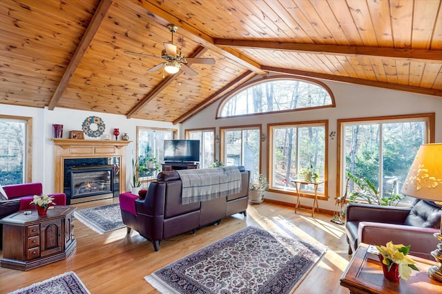 living area with lofted ceiling with beams, wood ceiling, a ceiling fan, light wood finished floors, and a premium fireplace