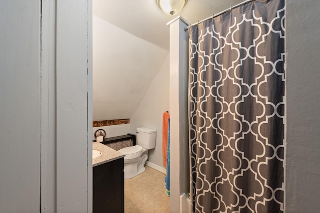 full bath with vanity, vaulted ceiling, toilet, and a shower with shower curtain