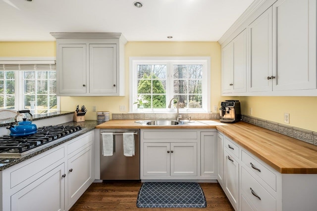 kitchen featuring a sink, appliances with stainless steel finishes, plenty of natural light, and butcher block counters