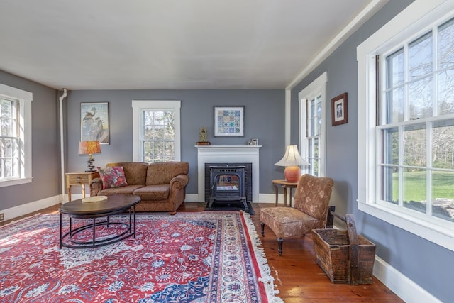 living room featuring baseboards, a wood stove, and wood finished floors