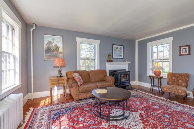 living area featuring a wood stove, baseboards, wood finished floors, and radiator