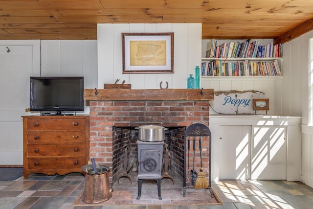 interior space featuring wood ceiling and a fireplace