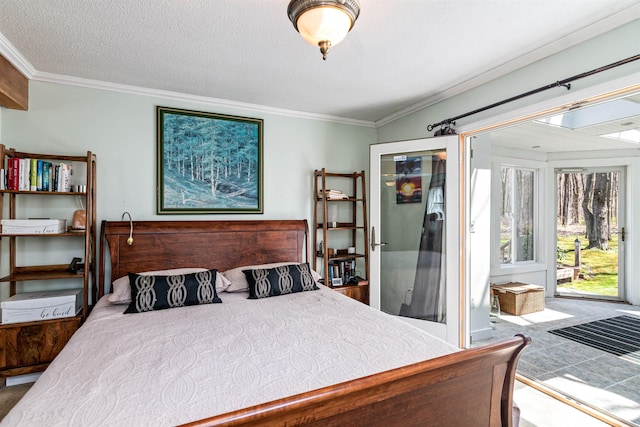 bedroom with crown molding and access to exterior