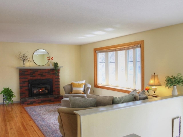 living room featuring wood finished floors and a fireplace
