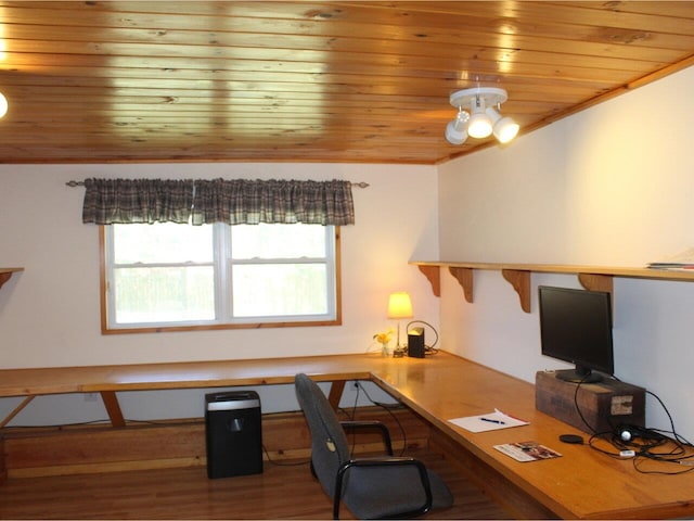 office area with ornamental molding, wood ceiling, and wood finished floors