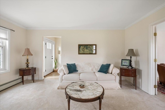 living room featuring baseboards, ornamental molding, and light carpet