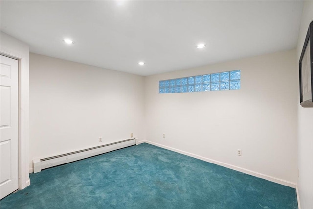 interior space featuring carpet floors, a baseboard radiator, baseboards, and recessed lighting