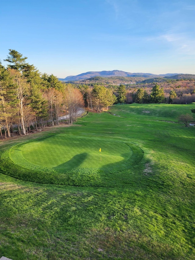 surrounding community featuring a yard, a mountain view, and golf course view