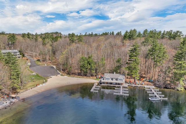 exterior space featuring a water view and a forest view