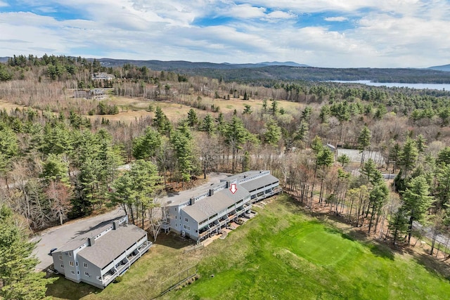 birds eye view of property with a mountain view and a forest view
