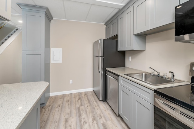 kitchen with a sink, gray cabinets, light wood-style floors, and stainless steel appliances