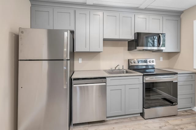 kitchen with gray cabinets, appliances with stainless steel finishes, a sink, light countertops, and light wood-style flooring