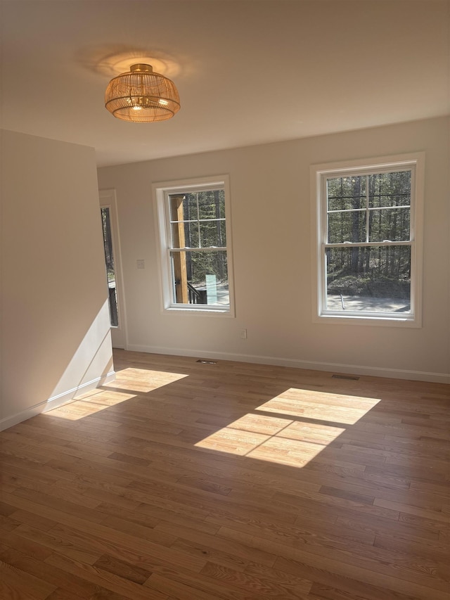 unfurnished room featuring baseboards, wood finished floors, and a healthy amount of sunlight