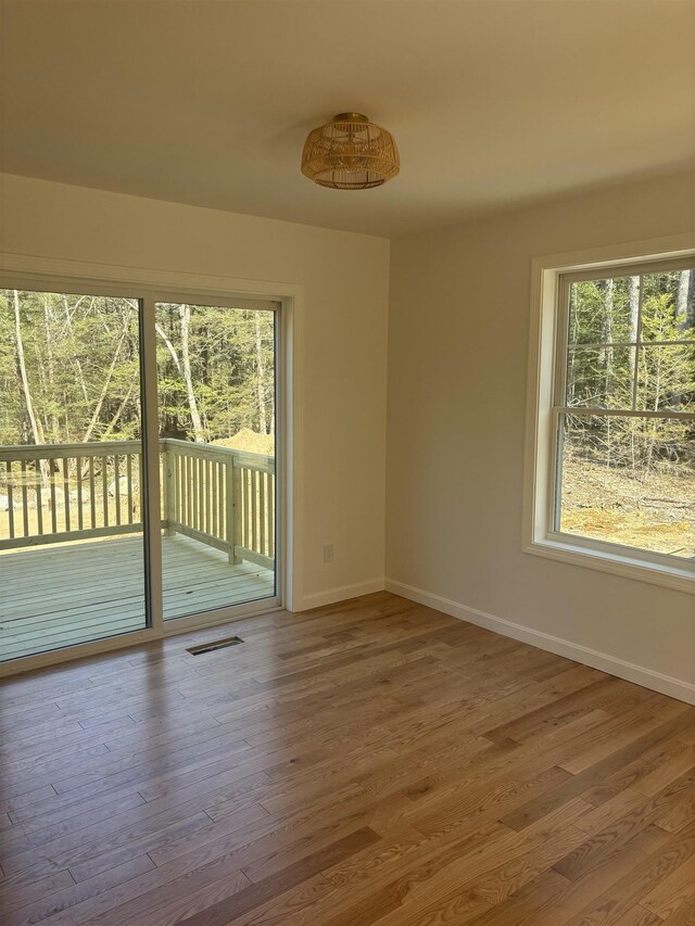 empty room with baseboards, a wealth of natural light, and wood finished floors