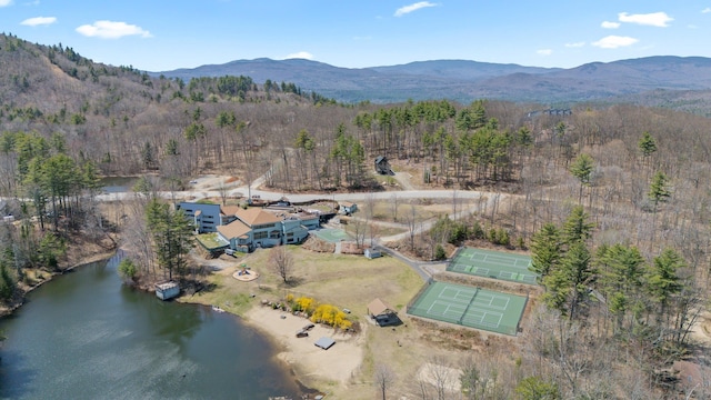 aerial view with a view of trees and a water and mountain view