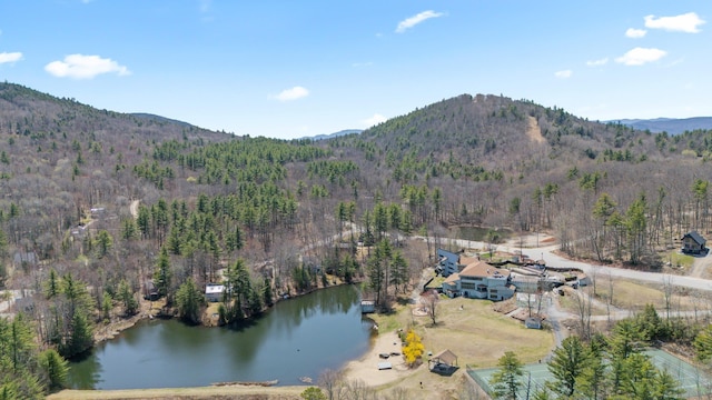 birds eye view of property featuring a water and mountain view and a wooded view