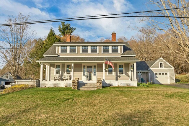 104 Pease Rd, Meredith, NH 03253 - view of front of home featuring a porch, aphalt driveway, a chimney, roof with shingles, and a front lawn