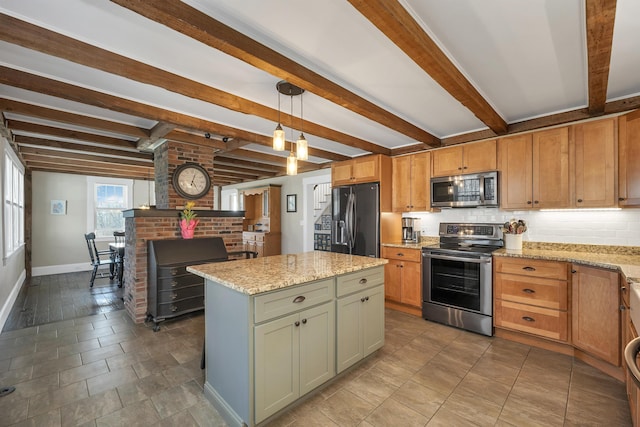 104 Pease Rd, Meredith, NH 03253 - kitchen featuring beam ceiling, baseboards, tasteful backsplash, light stone counters, and stainless steel appliances