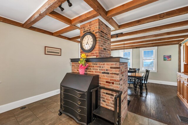 104 Pease Rd, Meredith, NH 03253 - interior space featuring baseboards, coffered ceiling, visible vents, and beamed ceiling