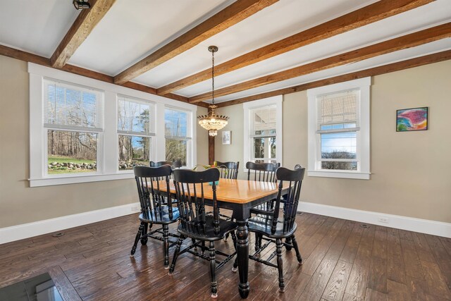 104 Pease Rd, Meredith, NH 03253 - dining room with beamed ceiling, baseboards, an inviting chandelier, and dark wood-style floors