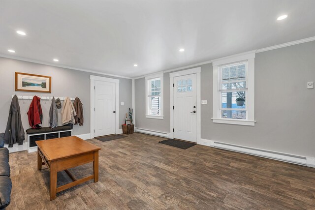 104 Pease Rd, Meredith, NH 03253 - foyer entrance with a baseboard radiator, ornamental molding, recessed lighting, and wood finished floors